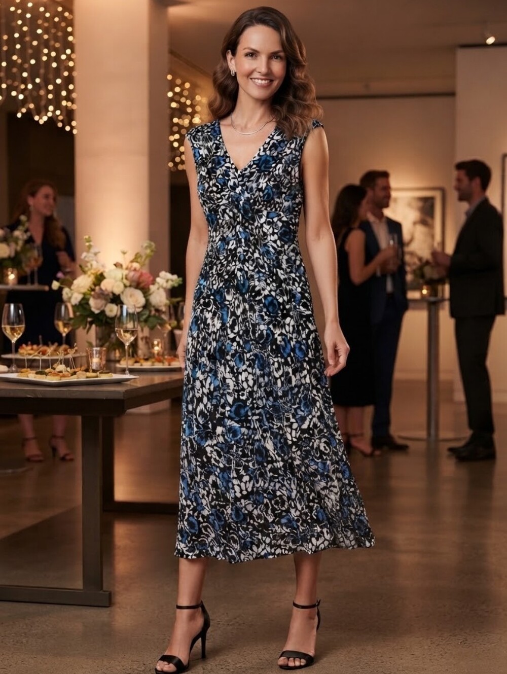 Charter Club Black Blue Floral 100% Silk Midi Dress 14P
